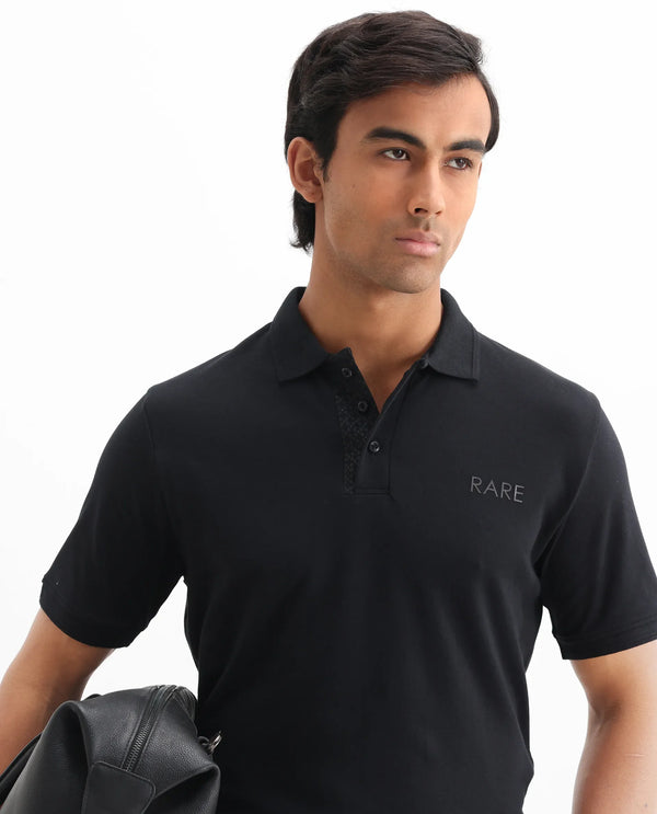 Rare Rabbit Men Laur Black Cotton Fabric Short Sleeve Printed Collar HD Print Branded Plain Polo