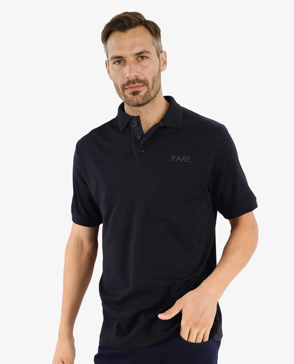 Rare Rabbit Men Laur Black Cotton Fabric Short Sleeve Printed Collar HD Print Branded Plain Polo