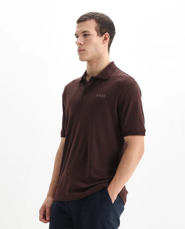 Rare Rabbit Men Laur Dark Brown Cotton Fabric Short Sleeve Printed Collar HD Print Branded Plain Polo