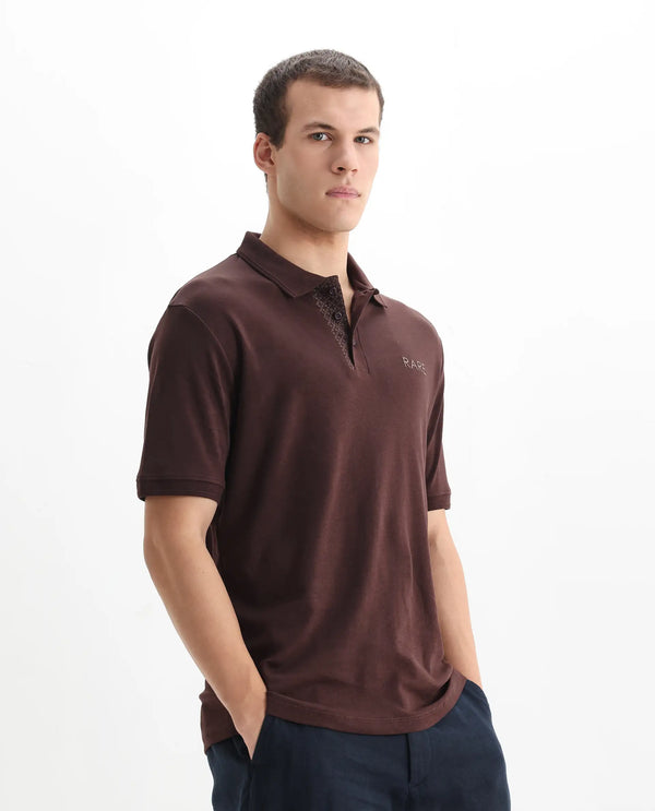 Rare Rabbit Men Laur Dark Brown Cotton Fabric Short Sleeve Printed Collar HD Print Branded Plain Polo