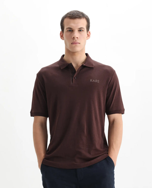Rare Rabbit Men Laur Dark Brown Cotton Fabric Short Sleeve Printed Collar HD Print Branded Plain Polo