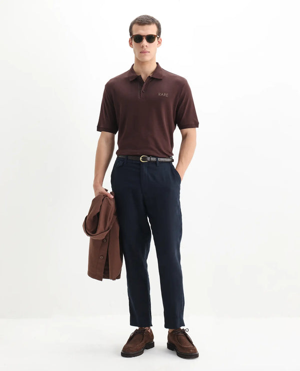 Rare Rabbit Men Laur Dark Brown Cotton Fabric Short Sleeve Printed Collar HD Print Branded Plain Polo