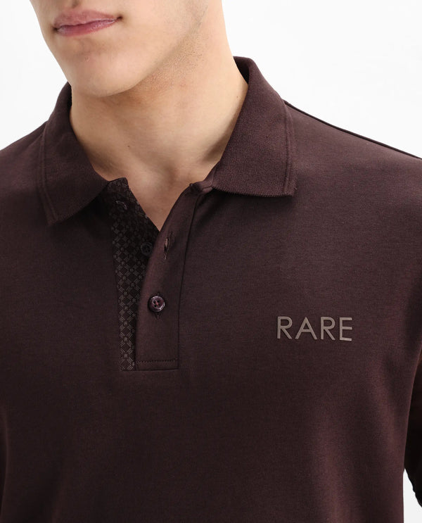 Rare Rabbit Men Laur Dark Brown Cotton Fabric Short Sleeve Printed Collar HD Print Branded Plain Polo