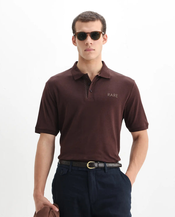 Rare Rabbit Men Laur Dark Brown Cotton Fabric Short Sleeve Printed Collar HD Print Branded Plain Polo