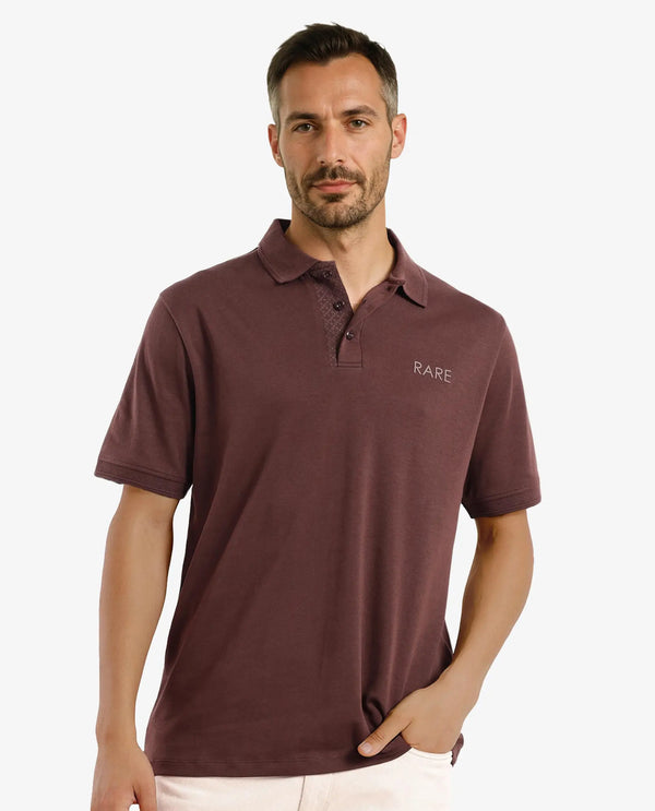 Rare Rabbit Men Laur Dark Brown Cotton Fabric Short Sleeve Printed Collar HD Print Branded Plain Polo