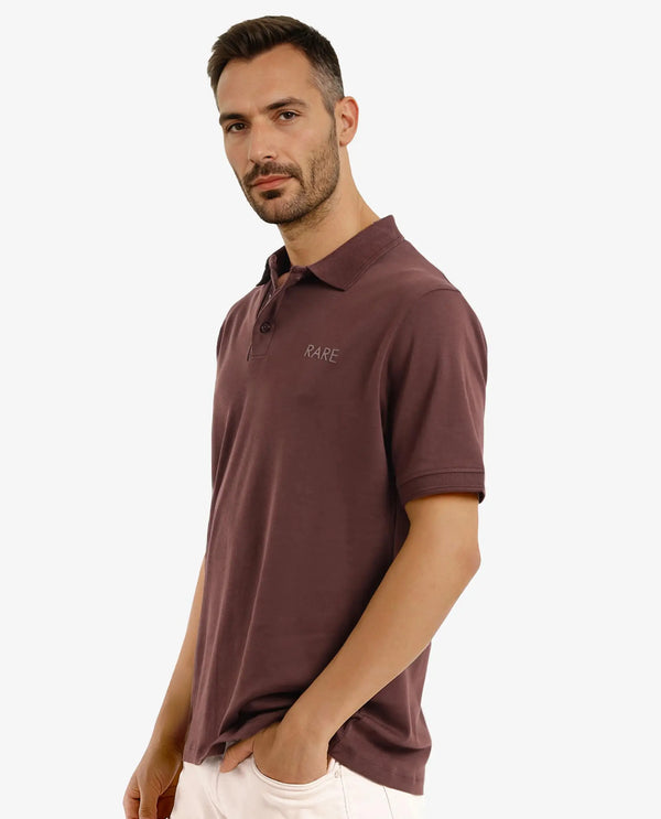 Rare Rabbit Men Laur Dark Brown Cotton Fabric Short Sleeve Printed Collar HD Print Branded Plain Polo