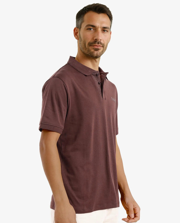 Rare Rabbit Men Laur Dark Brown Cotton Fabric Short Sleeve Printed Collar HD Print Branded Plain Polo