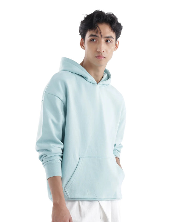 Rare Rabbit Men Laurl Light Turq Cotton Polyester Fabric Full Sleeve Hooded Boxy Fit Puff Printed Sweatshirt