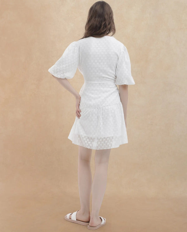 Rareism Women's Lavelle White Cotton Fabric Overlap Neck  Balloon Sleeve Jacquard Fit And Flare Mini Dress