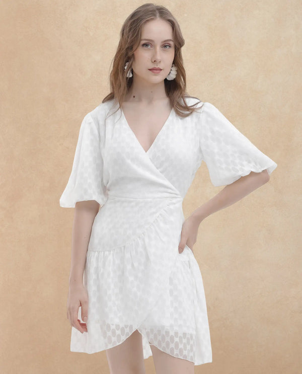 Rareism Women's Lavelle White Cotton Fabric Overlap Neck  Balloon Sleeve Jacquard Fit And Flare Mini Dress