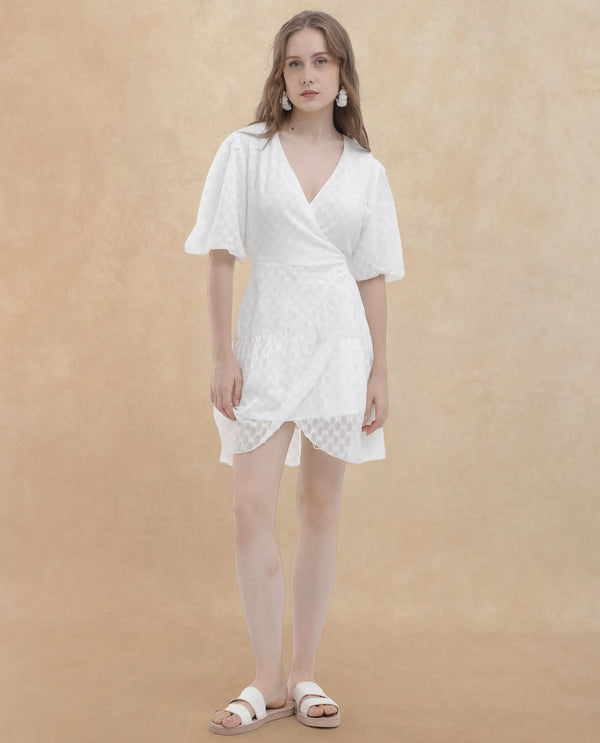 Rareism Women's Lavelle White Cotton Fabric Overlap Neck  Balloon Sleeve Jacquard Fit And Flare Mini Dress