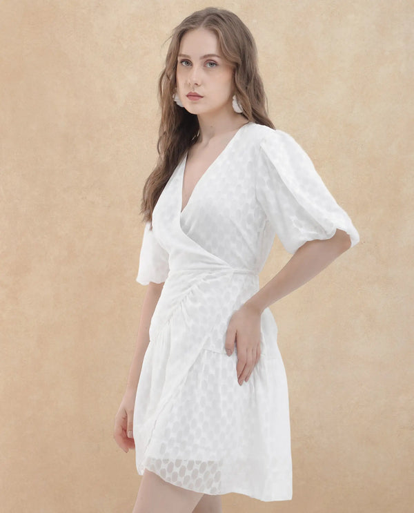 Rareism Women's Lavelle White Cotton Fabric Overlap Neck  Balloon Sleeve Jacquard Fit And Flare Mini Dress