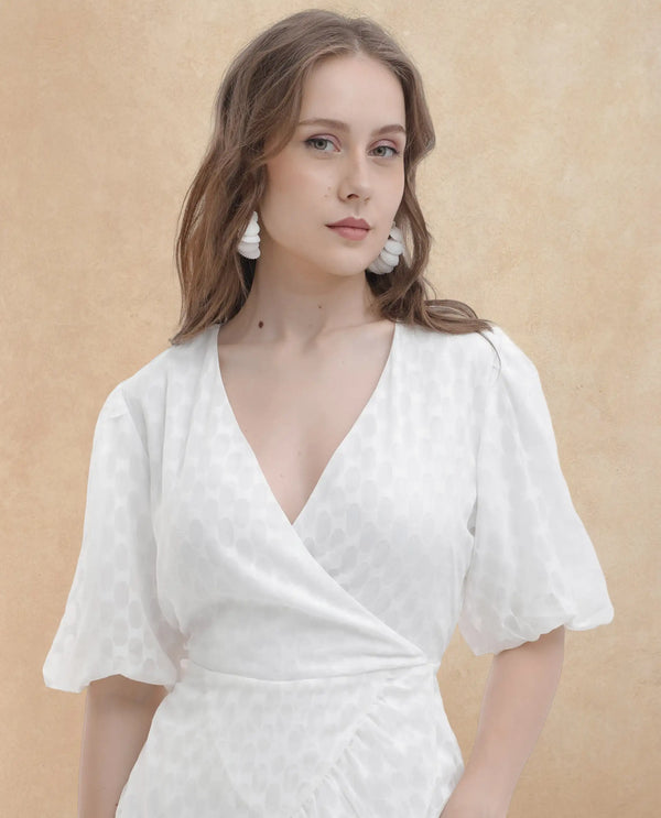 Rareism Women's Lavelle White Cotton Fabric Overlap Neck  Balloon Sleeve Jacquard Fit And Flare Mini Dress