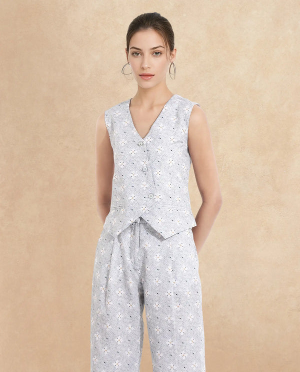 Rareism Women Lavia Light Grey Sleeveless V-Neck  Cropped Floral Print Top