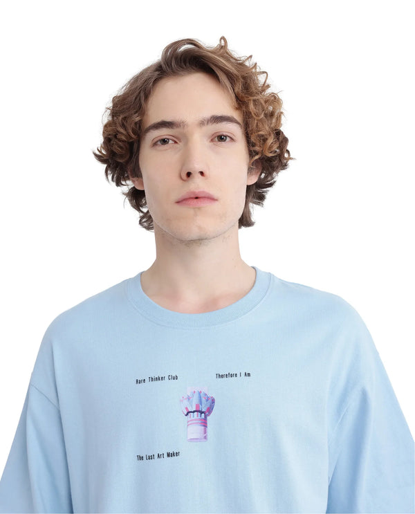 Rare Rabbit Men Laun Light Blue Cotton Fabric Short Sleeve Crew Neck Oversized Fit Off Placement HD Print T-Shirt