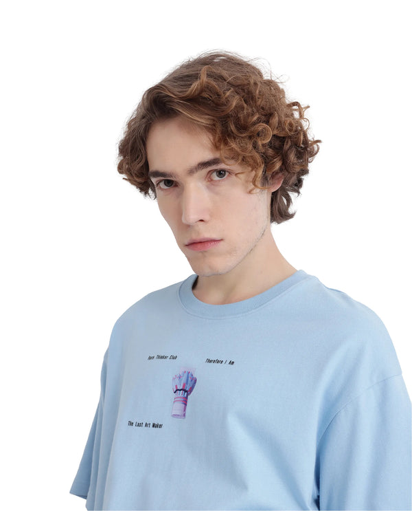 Rare Rabbit Men Laun Light Blue Cotton Fabric Short Sleeve Crew Neck Oversized Fit Off Placement HD Print T-Shirt