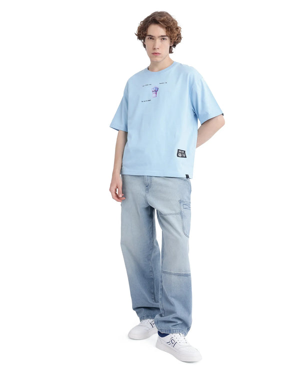 Rare Rabbit Men Laun Light Blue Cotton Fabric Short Sleeve Crew Neck Oversized Fit Off Placement HD Print T-Shirt