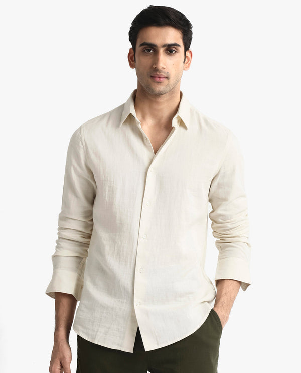 Rare Rabbit Men Layerr-2 Off White Cotton Fabric Full Sleeve Regular Fit Solid Shirt