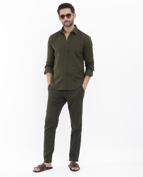 Rare Rabbit Mens Layerr Olive Cotton Fabric Full Sleeves Solid Shirt