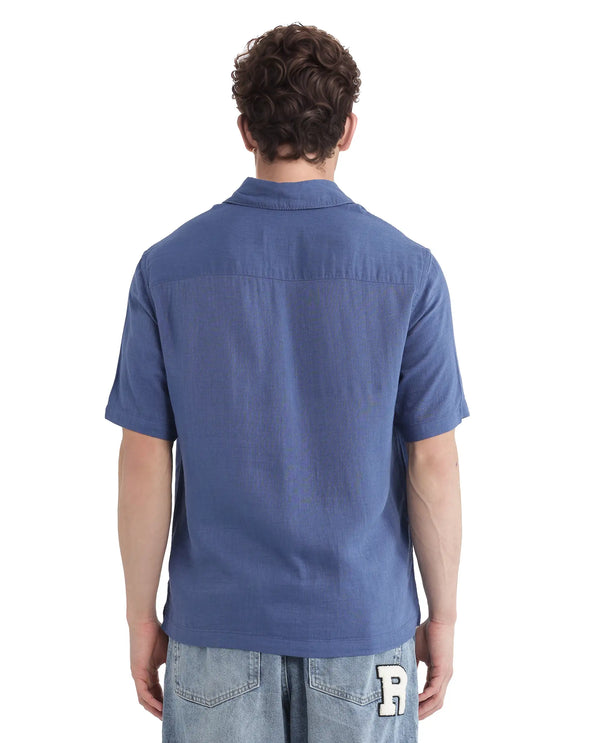 Rare Rabbit Men Layerr Ss-25 Dark Blue Cotton Viscose Fabric Short Sleeve Regular Collared Button Closure Solid Shirt