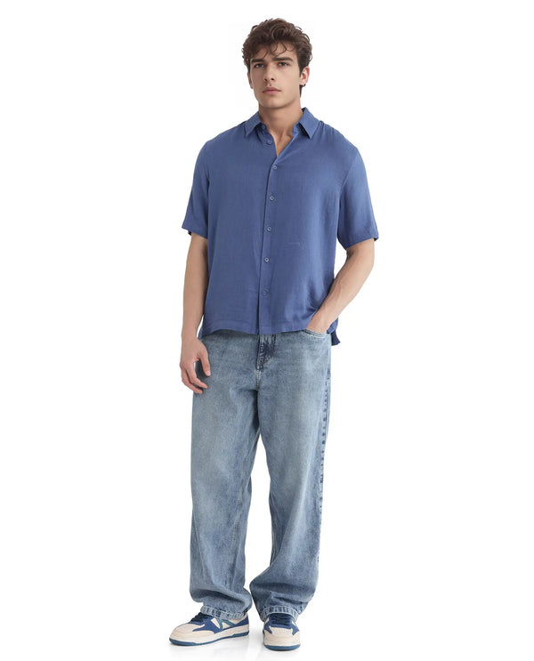 Rare Rabbit Men Layerr Ss-25 Dark Blue Cotton Viscose Fabric Short Sleeve Regular Collared Button Closure Solid Shirt