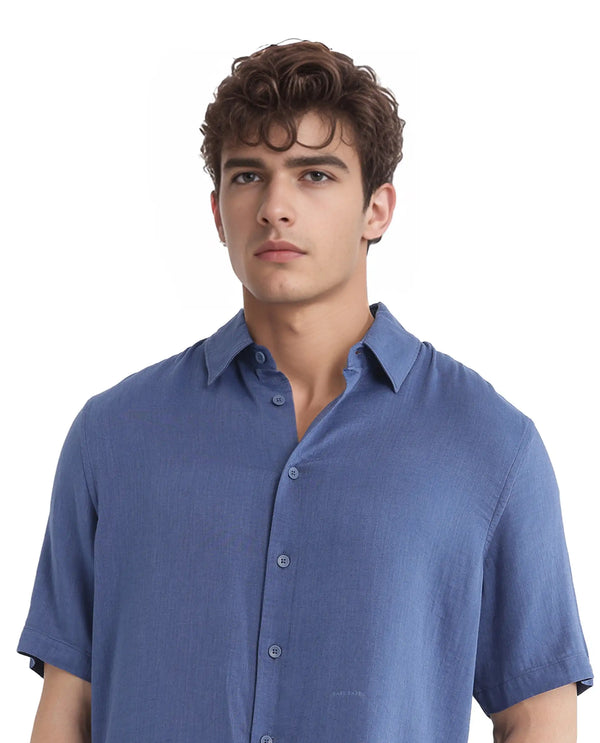 Rare Rabbit Men Layerr Ss-25 Dark Blue Cotton Viscose Fabric Short Sleeve Regular Collared Button Closure Solid Shirt