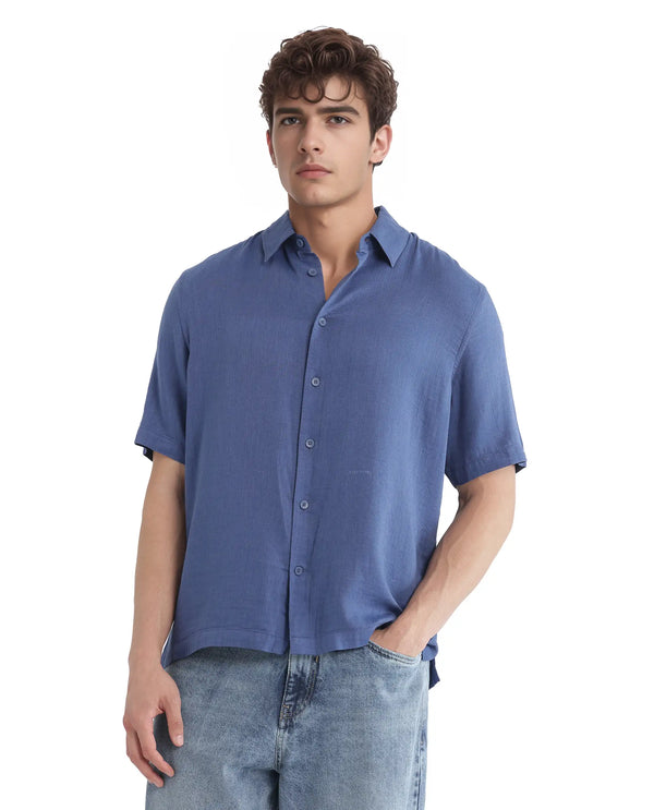 Rare Rabbit Men Layerr Ss-25 Dark Blue Cotton Viscose Fabric Short Sleeve Regular Collared Button Closure Solid Shirt