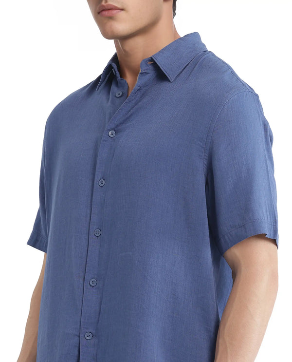 Rare Rabbit Men Layerr Ss-25 Dark Blue Cotton Viscose Fabric Short Sleeve Regular Collared Button Closure Solid Shirt