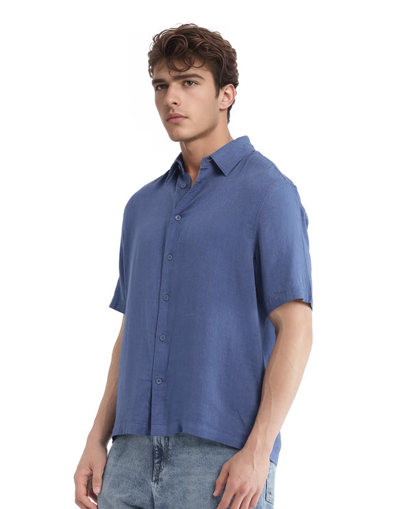 Rare Rabbit Men Layerr Ss-25 Dark Blue Cotton Viscose Fabric Short Sleeve Regular Collared Button Closure Solid Shirt
