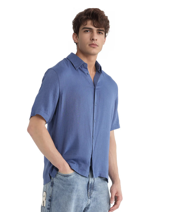 Rare Rabbit Men Layerr Ss-25 Dark Blue Cotton Viscose Fabric Short Sleeve Regular Collared Button Closure Solid Shirt
