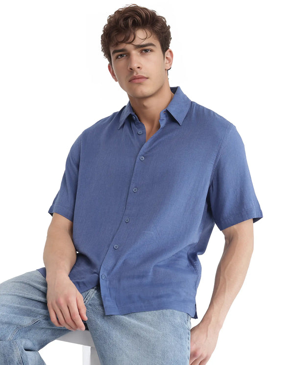 Rare Rabbit Men Layerr Ss-25 Dark Blue Cotton Viscose Fabric Short Sleeve Regular Collared Button Closure Solid Shirt