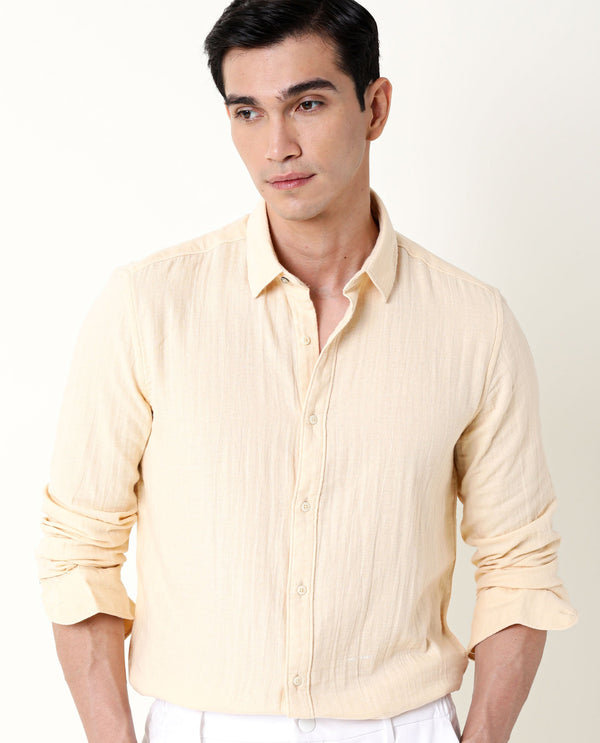 Rare Rabbit Men's Layers Beige Cotton Double Layer Seer Sucker Fabric Full Sleeves Solid Shirt
