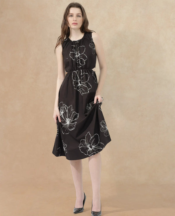 Rareism Women Layla Brown Cotton Poly Fabric Zip Closure Scoop Neck Sleeveless Fit And Flare Floral Print Midi Dress