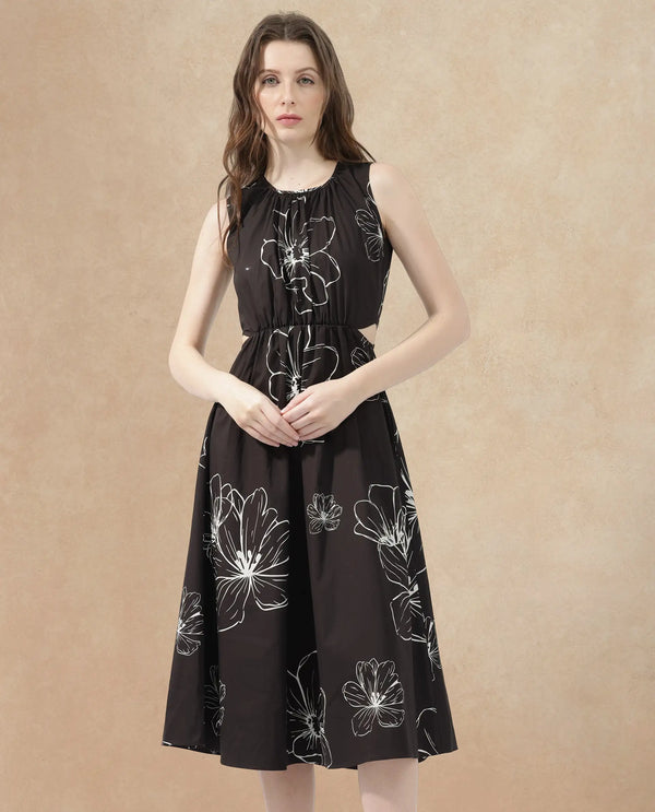 Rareism Women Layla Brown Cotton Poly Fabric Zip Closure Scoop Neck Sleeveless Fit And Flare Floral Print Midi Dress