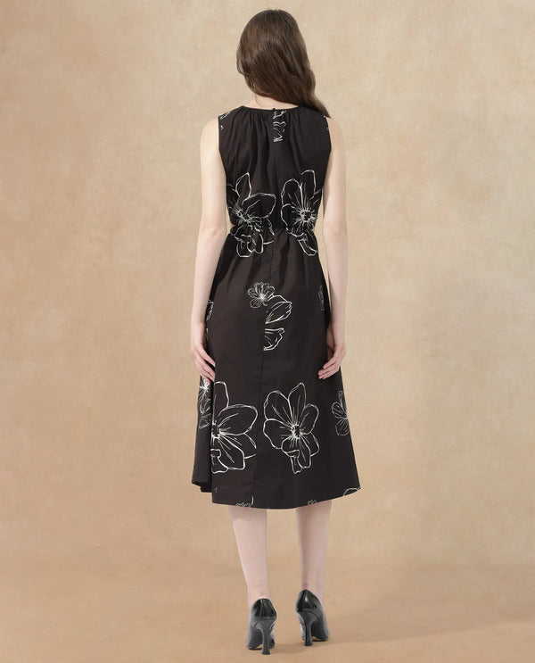 Rareism Women Layla Brown Cotton Poly Fabric Zip Closure Scoop Neck Sleeveless Fit And Flare Floral Print Midi Dress