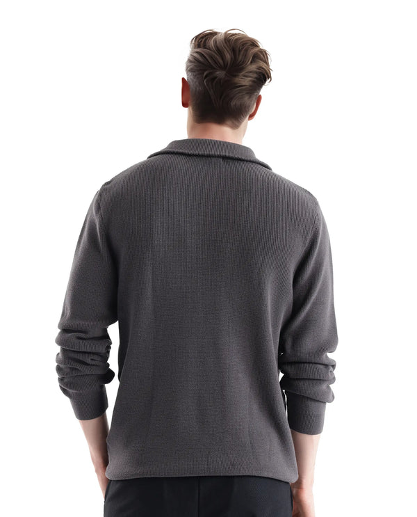 Rare Rabbit Men's Laz Grey Cotton Blend Full Sleeve Broad Collar Zipper Closure Regular Fit Solid Sweater