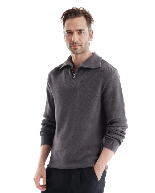 Rare Rabbit Men's Laz Grey Cotton Blend Full Sleeve Broad Collar Zipper Closure Regular Fit Solid Sweater