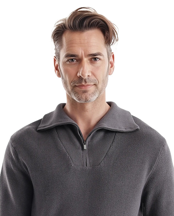 Rare Rabbit Men's Laz Grey Cotton Blend Full Sleeve Broad Collar Zipper Closure Regular Fit Solid Sweater