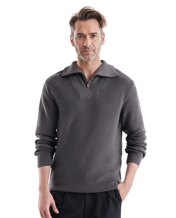 Rare Rabbit Men's Laz Grey Cotton Blend Full Sleeve Broad Collar Zipper Closure Regular Fit Solid Sweater