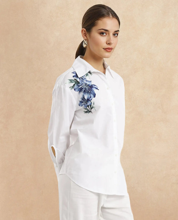 Rareism Women Lazia White Cuffed Sleeve Collared Neck Floral Print Shirt