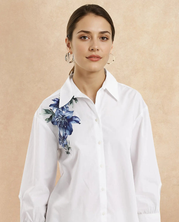 Rareism Women Lazia White Cuffed Sleeve Collared Neck Floral Print Shirt