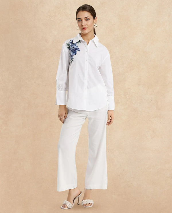 Rareism Women Lazia White Cuffed Sleeve Collared Neck Floral Print Shirt