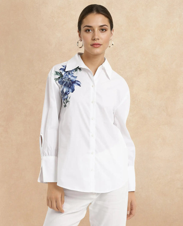Rareism Women Lazia White Cuffed Sleeve Collared Neck Floral Print Shirt