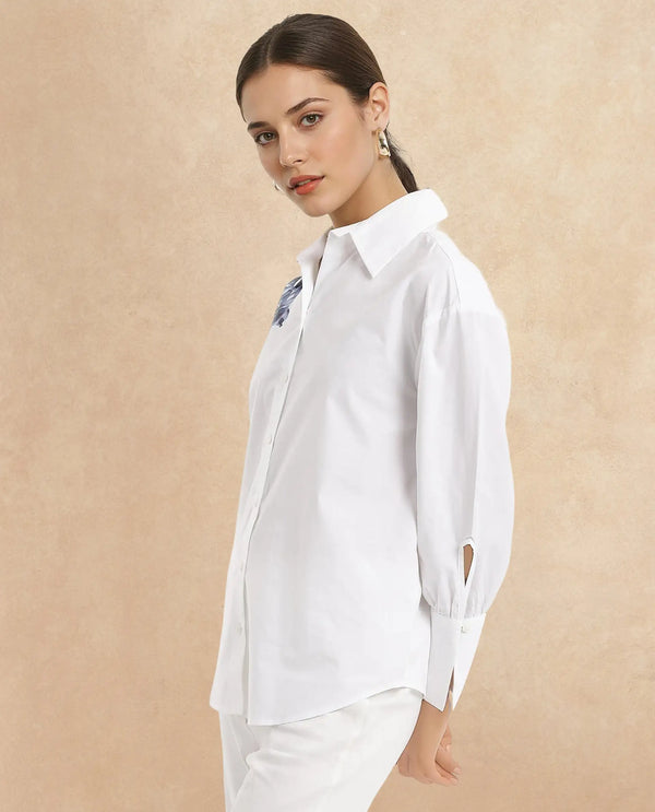Rareism Women Lazia White Cuffed Sleeve Collared Neck Floral Print Shirt