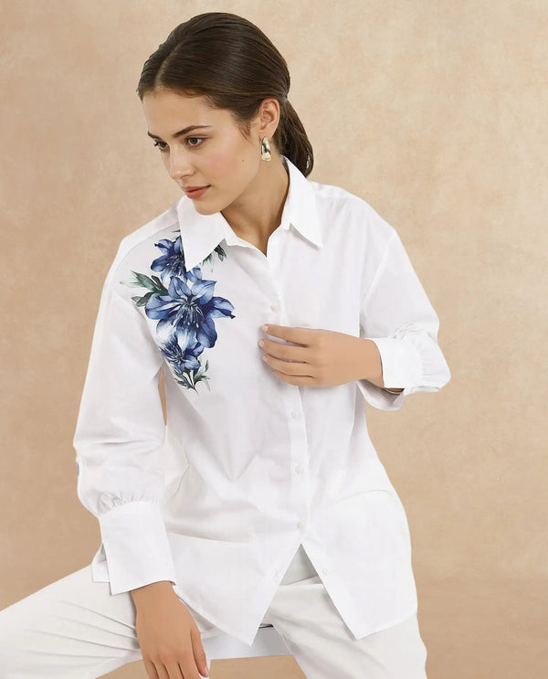 Rareism Women Lazia White Cuffed Sleeve Collared Neck Floral Print Shirt
