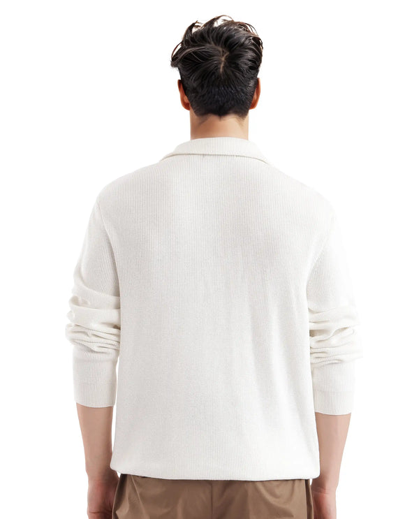 Rare Rabbit Men's Laz Off White Cotton Blend Full Sleeve Broad Collar Zipper Closure Regular Fit Solid Sweater