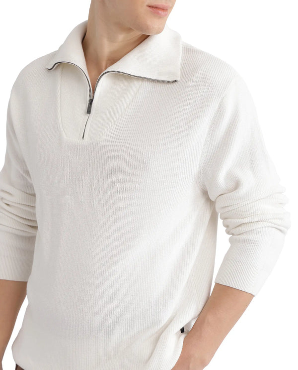 Rare Rabbit Men's Laz Off White Cotton Blend Full Sleeve Broad Collar Zipper Closure Regular Fit Solid Sweater