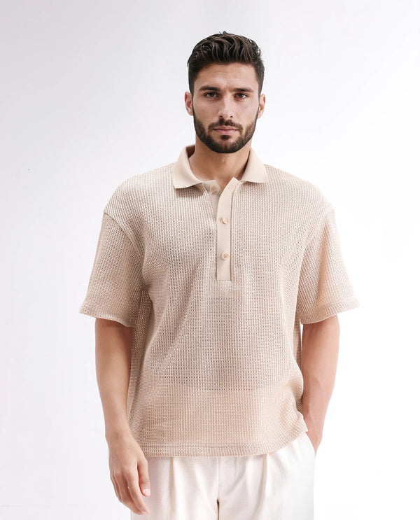 Rare Rabbit Men's Lbiza Beige Cotton Fabric Short Sleeve Collared Neck Button Closure Knitted Shirt