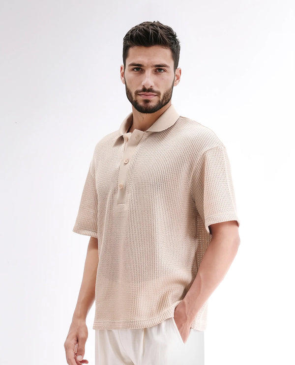 Rare Rabbit Men's Lbiza Beige Cotton Fabric Short Sleeve Collared Neck Button Closure Knitted Shirt