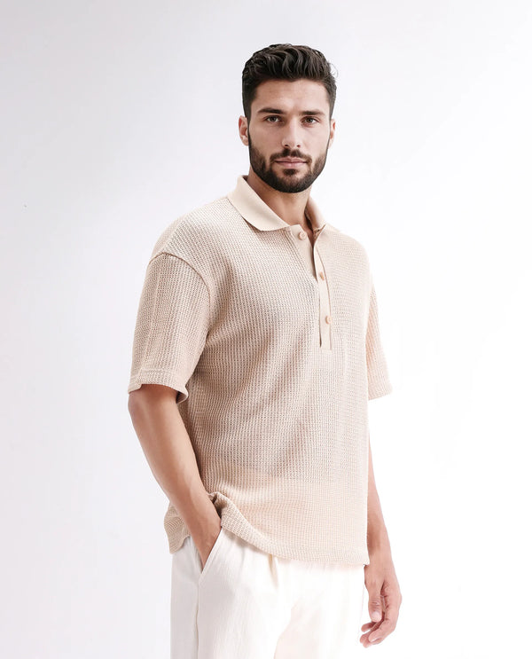 Rare Rabbit Men's Lbiza Beige Cotton Fabric Short Sleeve Collared Neck Button Closure Knitted Shirt